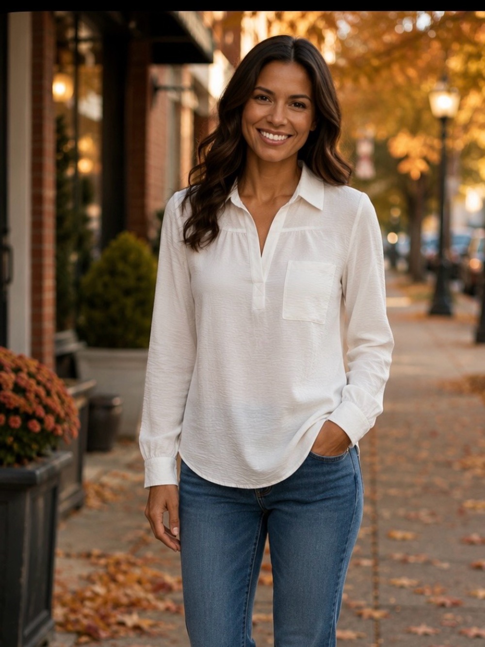 Pleione White Long Sleeve Split V-Pullover Blouse